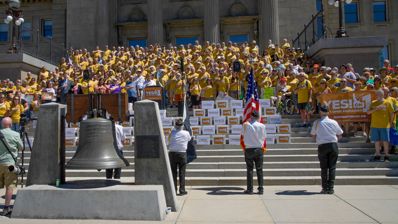 Many people gathered on the steps of the Idaho capitol building in support of ballot measure Question 1.