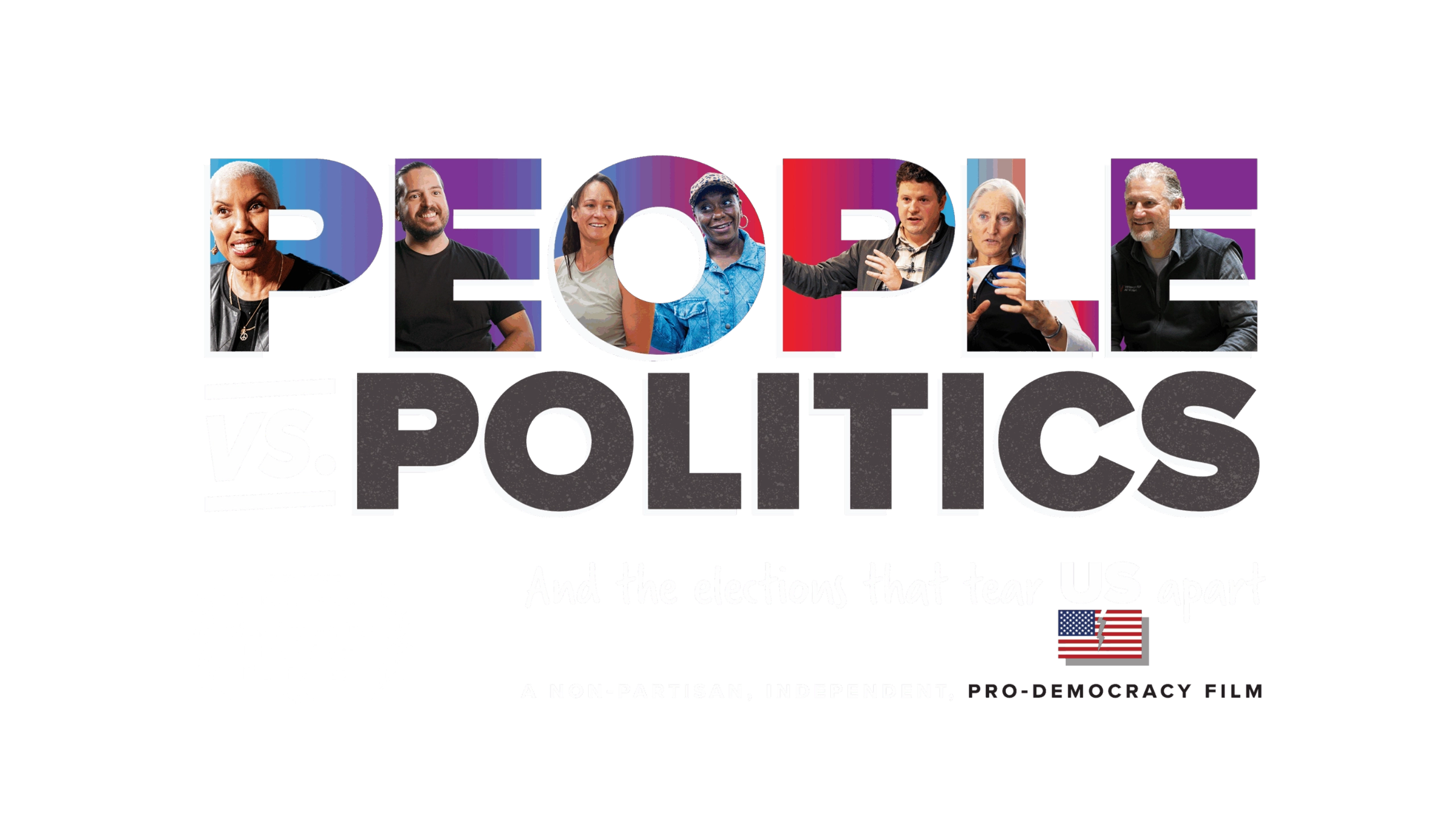 People vs. Politics documentary banner with portraits of diverse grassroots leaders inside the word 'PEOPLE' and the tagline 'And the elections that tear US apart'. Includes laurels for film festival selection at Washington, DC International Film Festival.